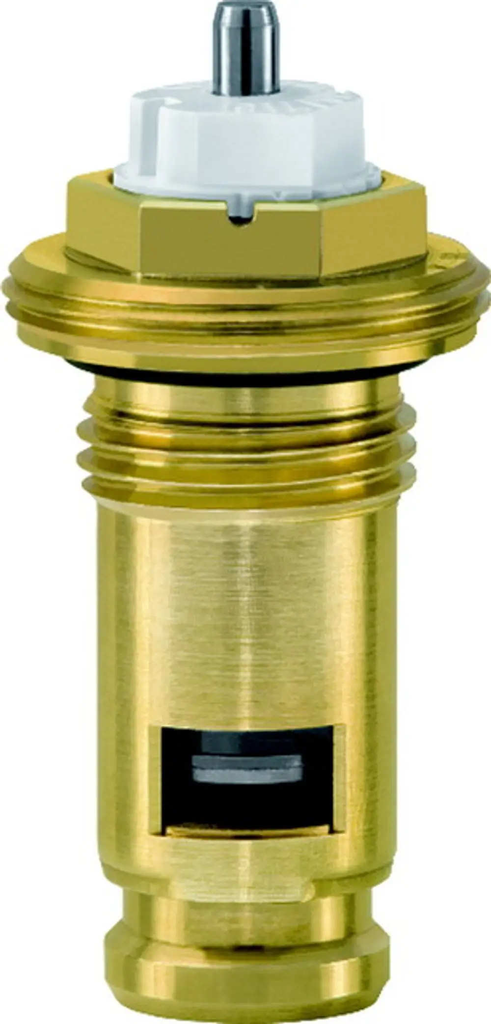 Thermostat-Oberteil aus Metall mit einer weißen Oberseite und einem zentralen Auslass. G1/2-Anschluss. Produkt von IMI Hydronic Engineering.